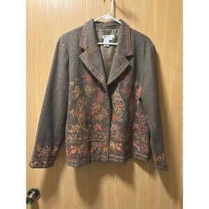 Coldwater Creek Women Embroidered Nubby Tweed Blazer Brown Paisley Boho PXL